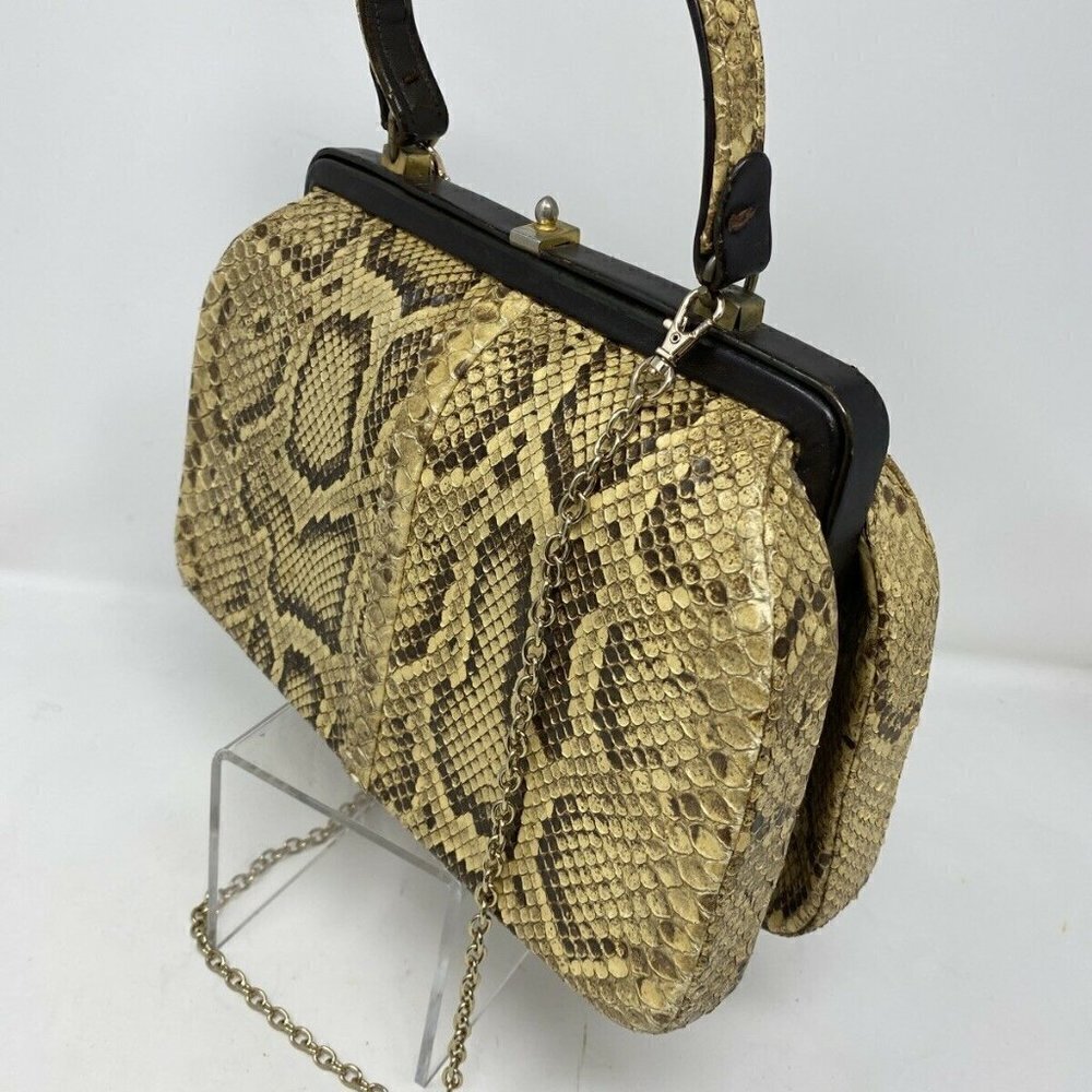 Vintage Beige Python Snakeskin Structured Hand Bag - image 3